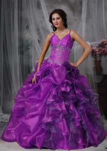 Spaghetti Straps Beading Purple Dresses for 15 with Ruffles